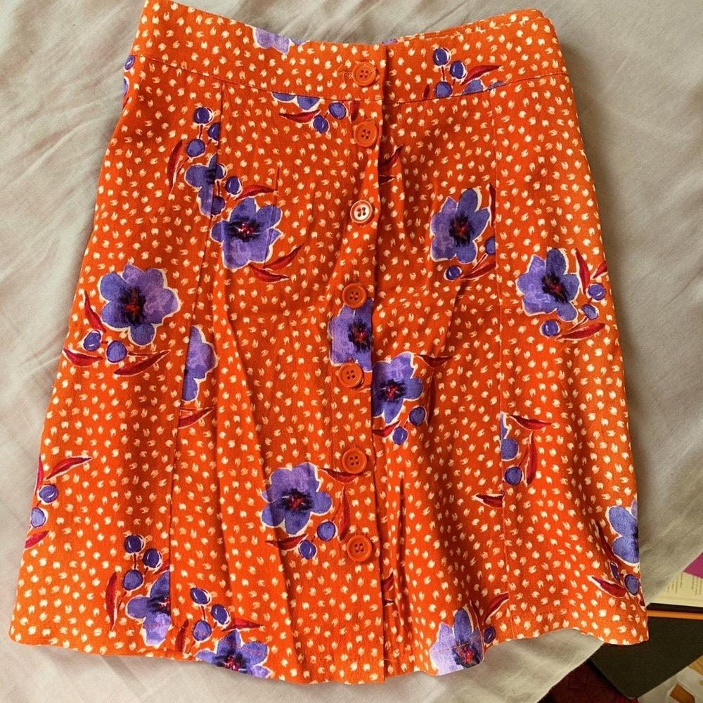 Lightweight spring summer floral purple orange a-line button skirt
